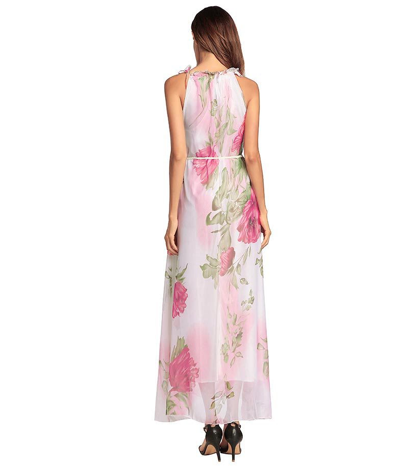 SZ60137 Pink Floral Printed Halter Maxi Dress